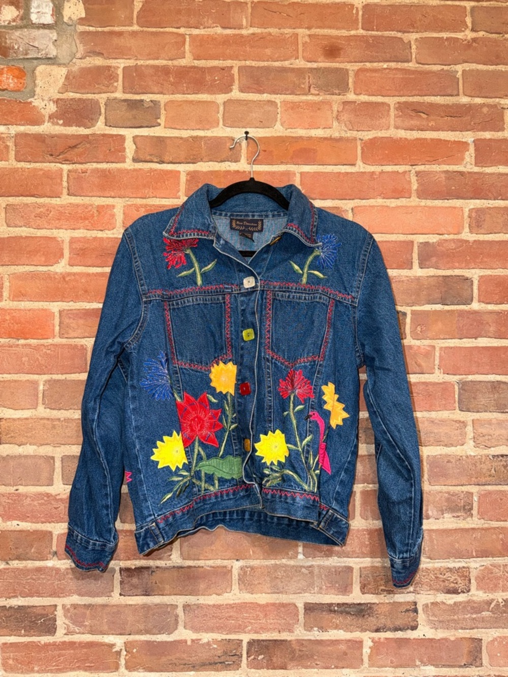 new directions Blue Denim Jacket with Multicolor Floral Embroidery